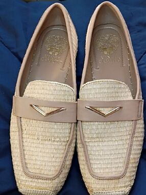 Vince Camuto Natural Raffia Slip-On Loafers with Beige Trim and Gold Accent